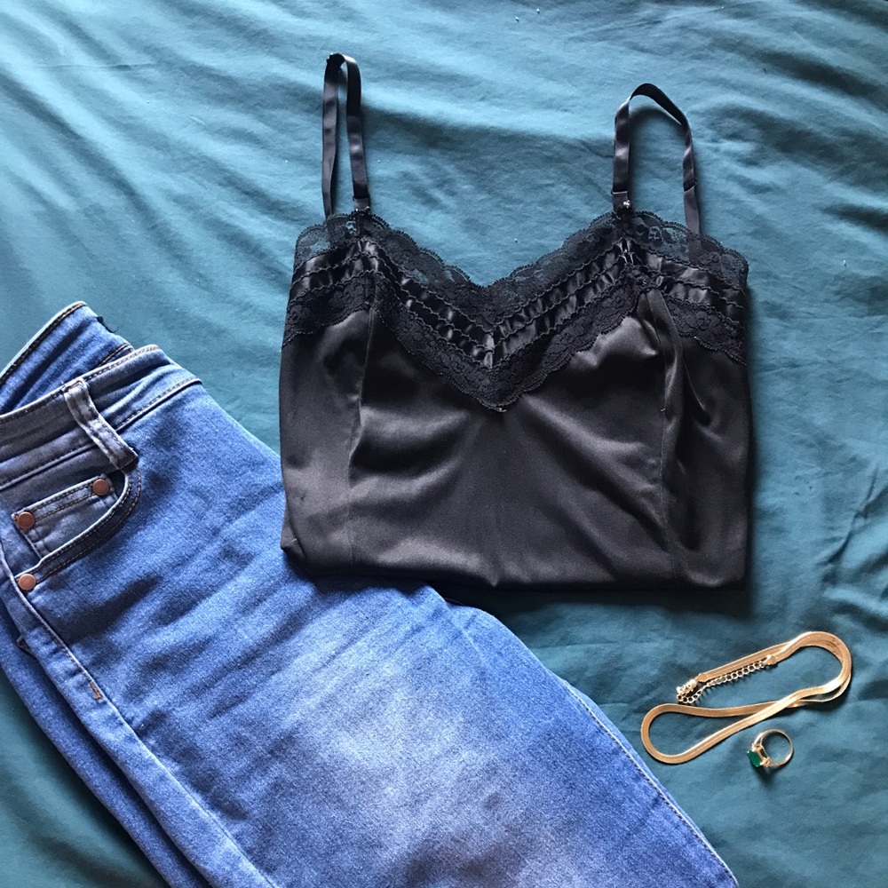 Black satin slip tank top with adjustable straps